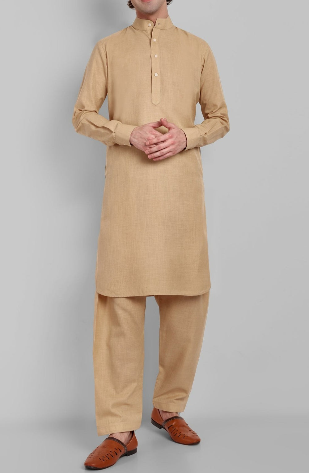 Beige Cotton-Linen Pathani Suit