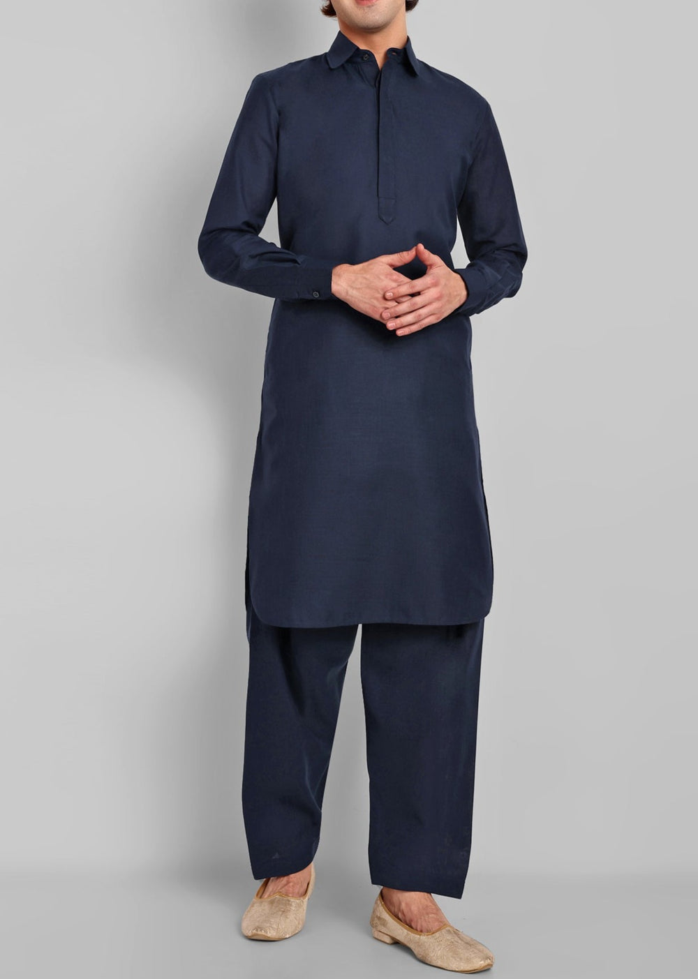 Navy Blue Cotton-Linen Pathani