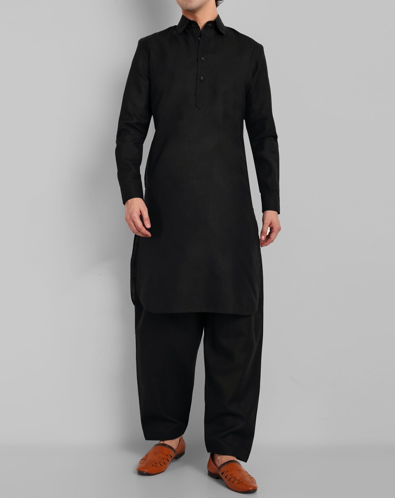 Ethnic Jet Black Cotton Linen Pathani Suit for Men from Sufi Tales