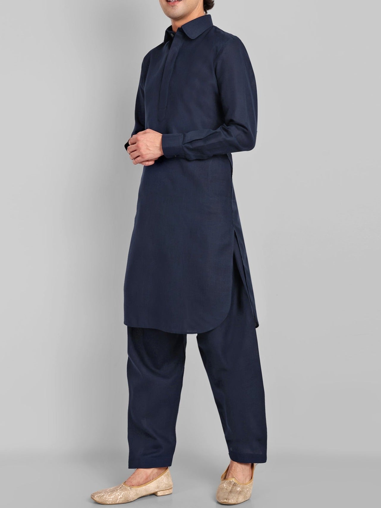 
                  
                    Navy Blue Cotton-Linen Pathani
                  
                