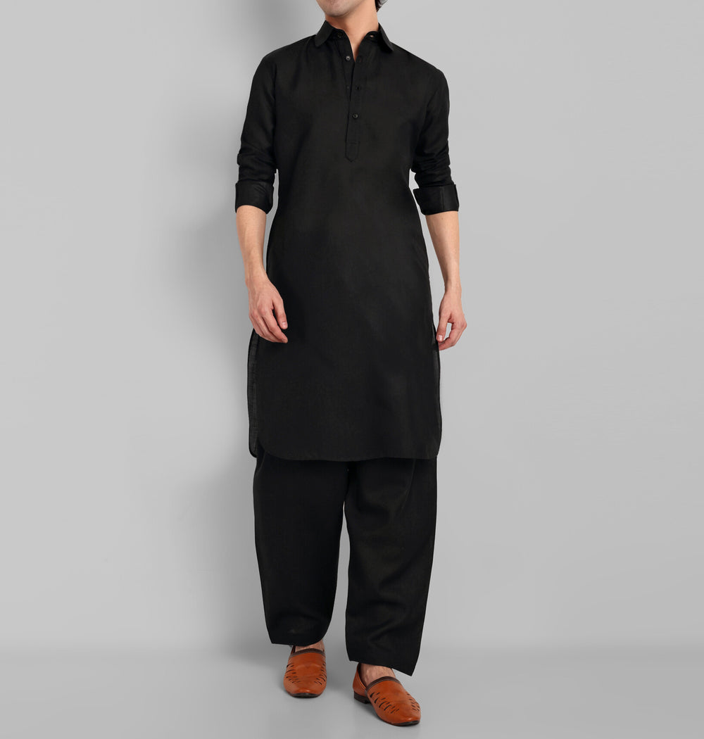 Black Cotton-Linen Pathani Suit for Men