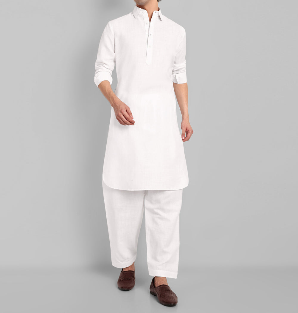 White Cotton-Linen Pathani Suit