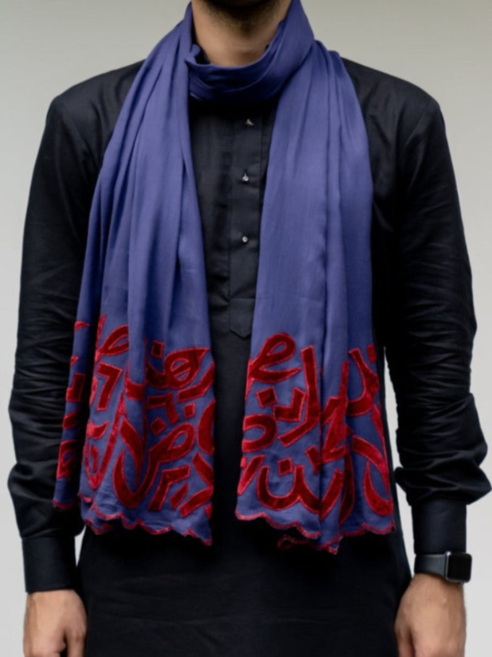 Blue & Scarlet Velvet Applique Work Calligraphy Scarf