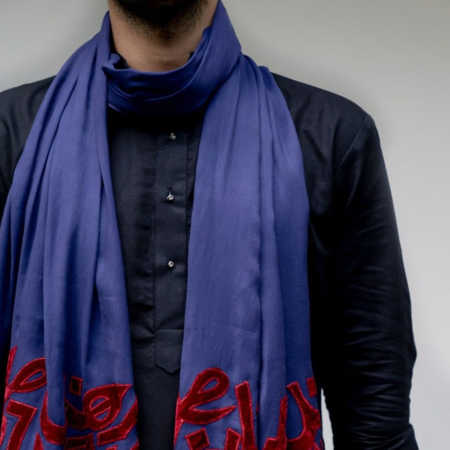 
                  
                    Blue & Scarlet Velvet Applique Work Calligraphy Scarf
                  
                