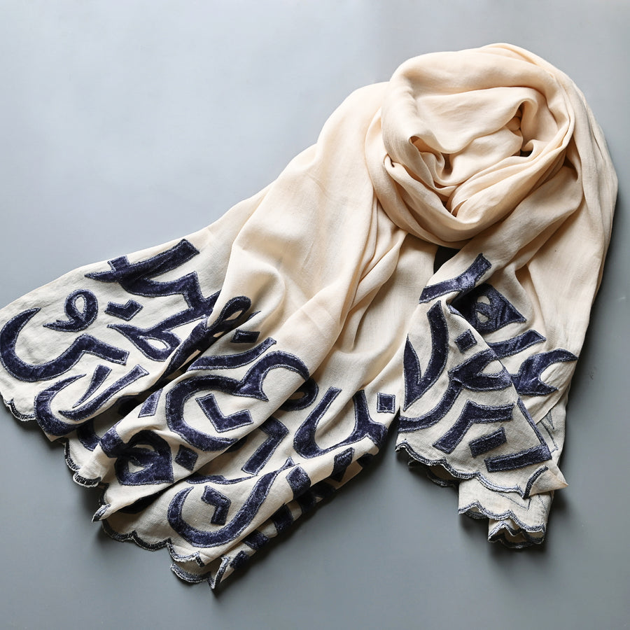 Ivory & Slate Velvet Applique Work Calligraphy Scarf