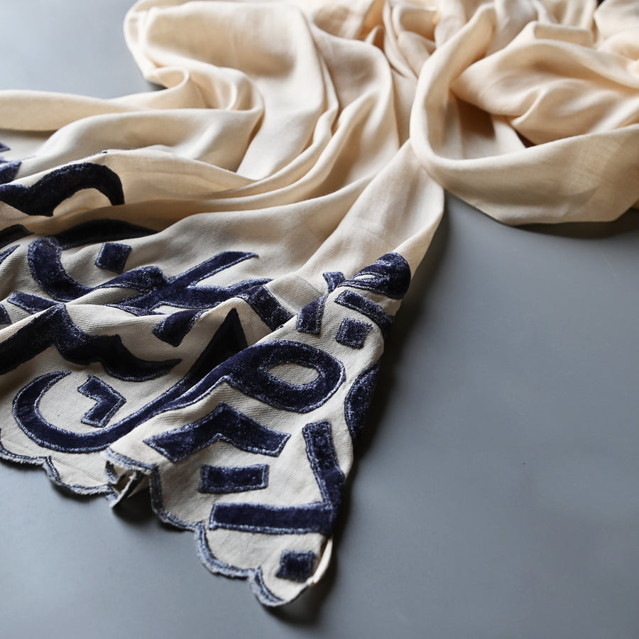 
                  
                    Ivory & Slate Velvet Applique Work Calligraphy Scarf
                  
                