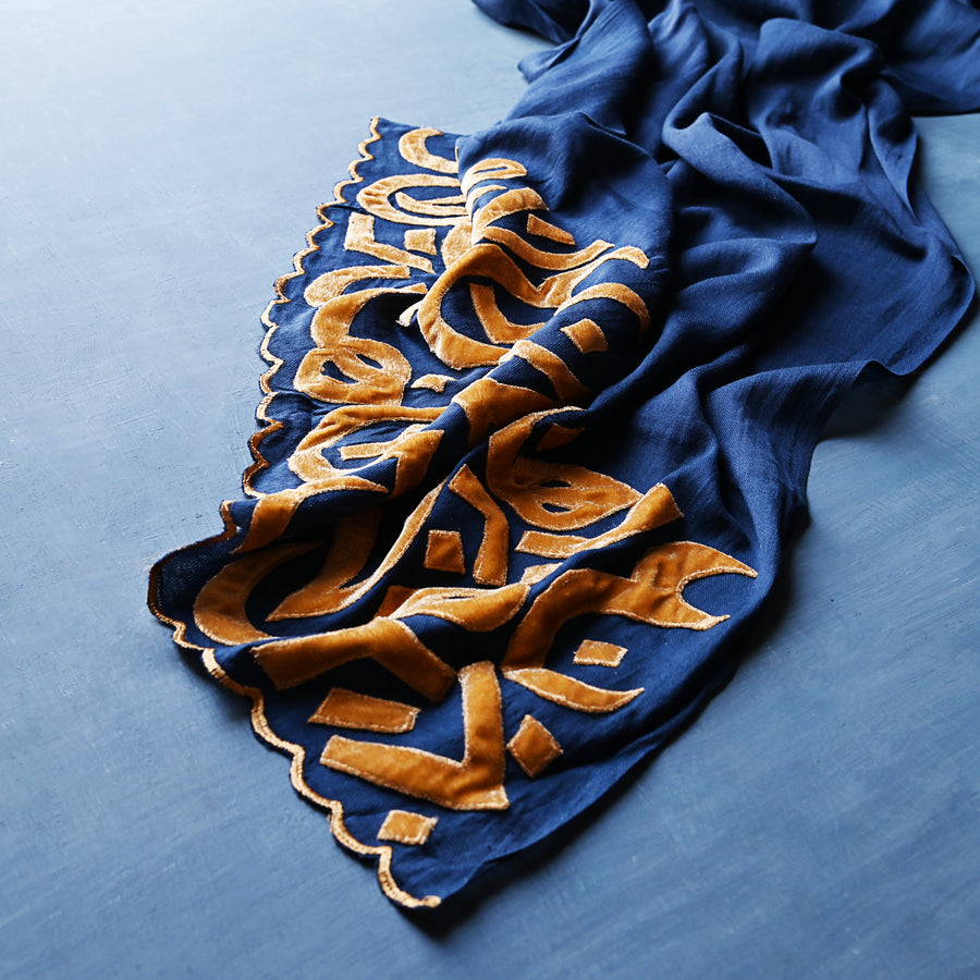 Azure & Mustard Velvet Applique Work Calligraphy Scarf