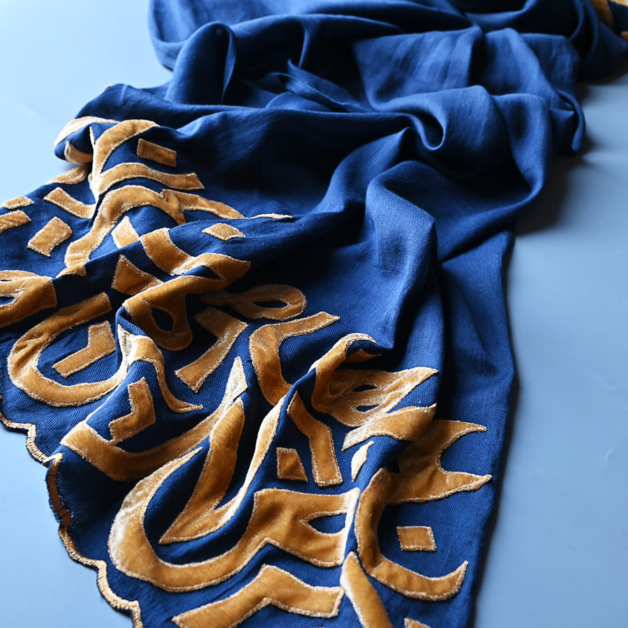 
                  
                    Azure & Mustard Velvet Applique Work Calligraphy Scarf
                  
                