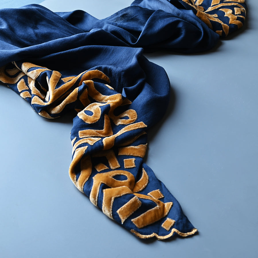 
                  
                    Azure & Mustard Velvet Applique Work Calligraphy Scarf
                  
                