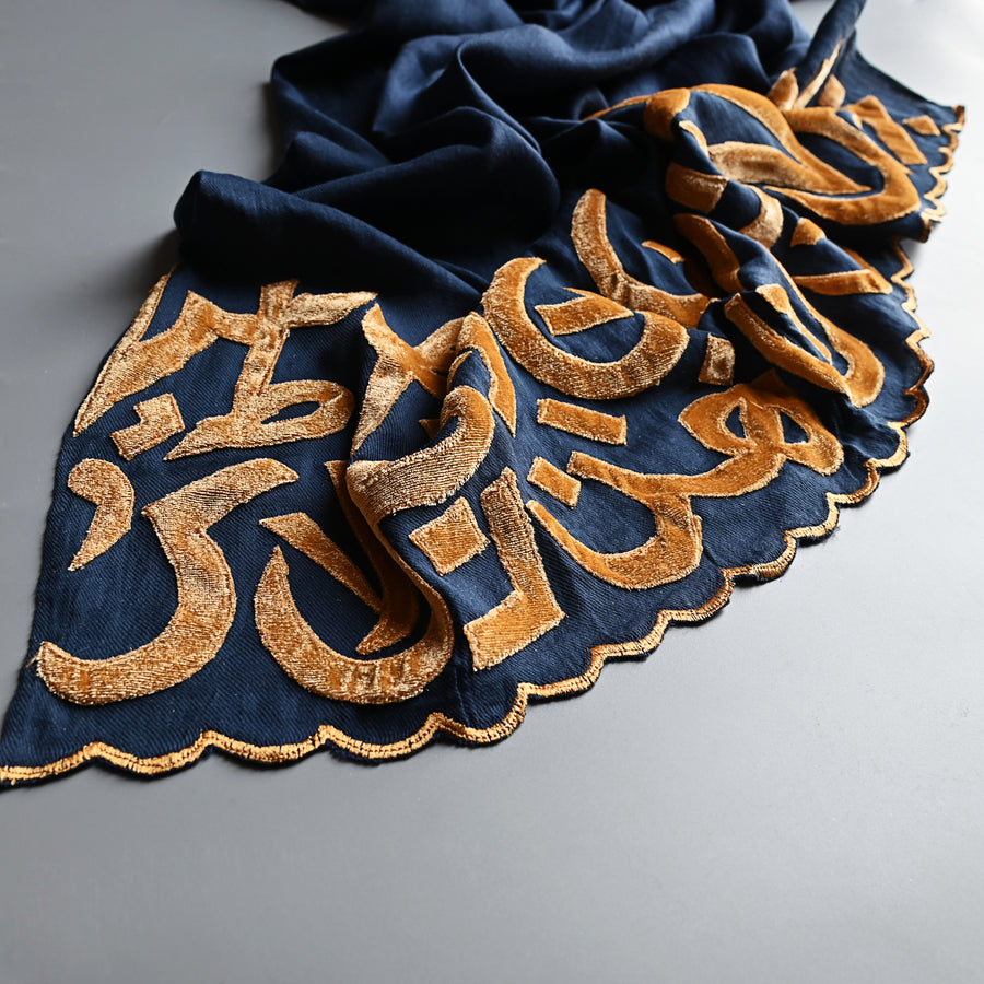 
                  
                    Azure & Mustard Velvet Applique Work Calligraphy Scarf
                  
                