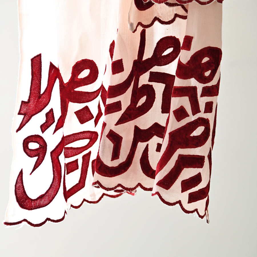 
                  
                    Peach & Red Velvet Applique Work Calligraphy Scarf
                  
                