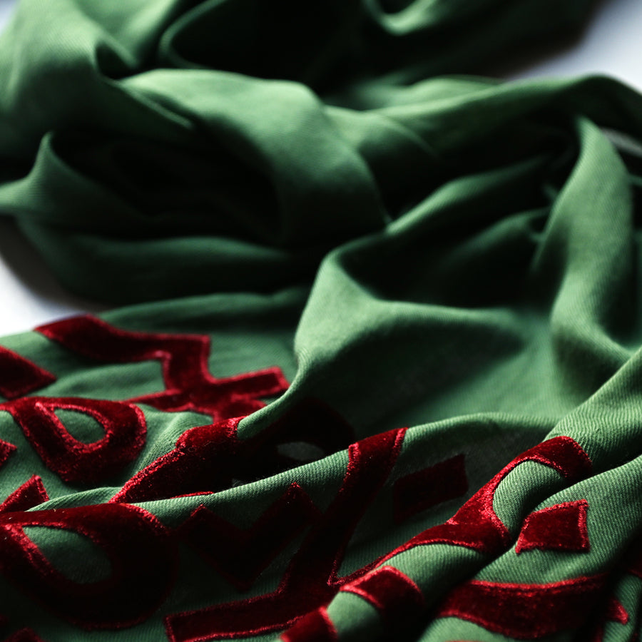 
                  
                    Green & Red Velvet Applique Work Calligraphy Scarf
                  
                