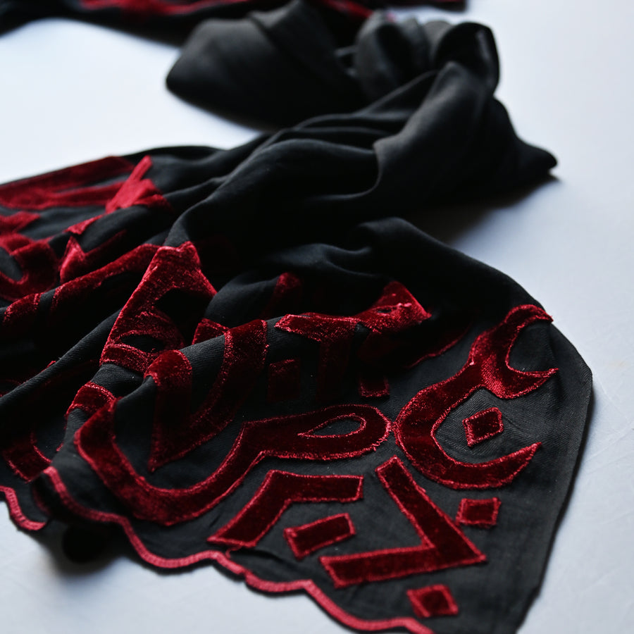 
                  
                    Black & Red Velvet Applique Work Calligraphy Scarf
                  
                